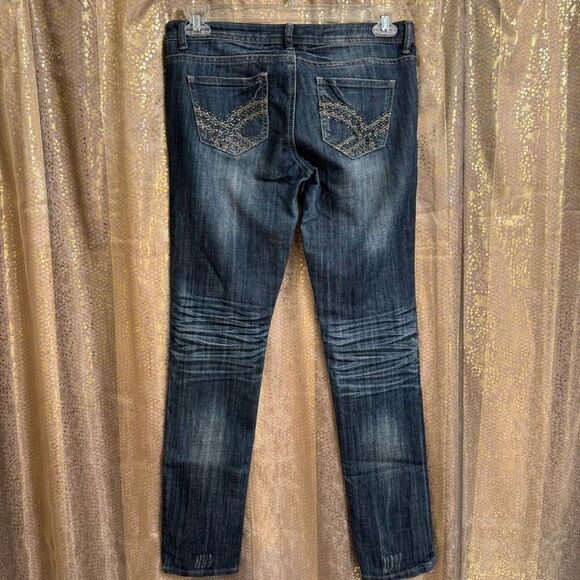 Blue Asphalt Wet Seal 2000s Rhinestone Pocket Faded Skinny Jeans Size 7 - Picture 2 of 8